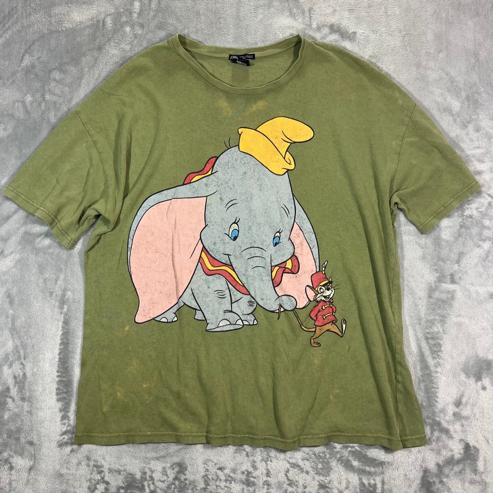 Zara Disney Dumbo Graphic T Shirt Womens XL Green Short Sleeve Relaxed Tee Flaws